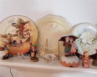 Vintage Hummel figurines, Royal Dolton plate, vintage swan salt cellars, Orrefors candle holder, yellow depression glass