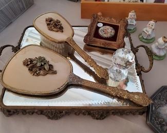 Antique beveled glass dresser tray and dresser set