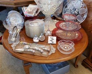 Vintage punch bowl and cups, three level cranberry flash tidbit tray, Candlewick, old serving pieces