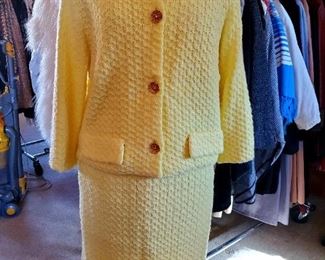 Fabulous hand knitted, fully lined 1960s skirt suit with rhinestone buttons