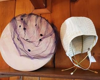 Vintage rubber bathing cap, net hair covering, hat box