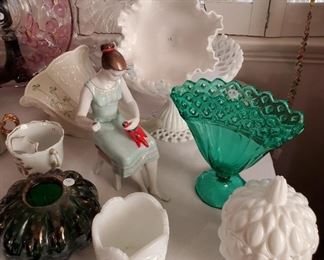 Belleek cornucopia, Hungary porcelain figurine, milk glass, art glass sea urchin pot, green glass fan vase