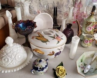 Royal Worcester covered casserole, milk glass, carnival glass compote