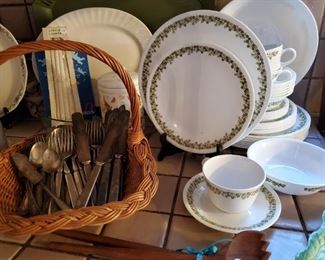 Avocado green and white Corelle dish set