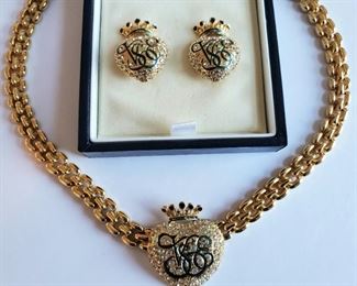 Yves St. Laurent crystal and gold tone choker necklace and earring set (earrings in original box)
