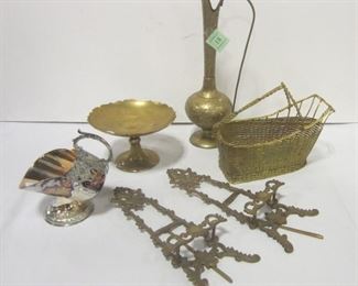 METAL ARTS: SILVER PLATE SUGAR BOWL, CHINESE BRASS COMPOTE, INDIAN TURNED BRASS 12.75" EWER, WIRE WINE BOTTLE BASKET, AND PAIR OF FRAMES, ONE NEEDING A PIN