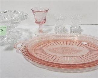 GLASSWARE: CRYSTAL COMPOTE, PINK GLASS TRAY, PAIR OF TOOTHPICKS, AND GOBLET