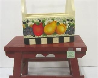 SMALL FOOTSTOOL AND PAINTED WOOD BASKET