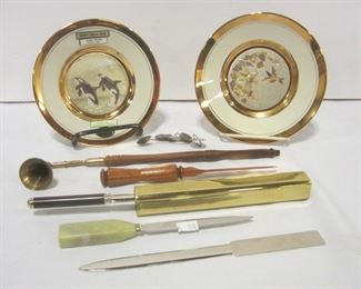 TWO CHOKIN PLATES, LETTER OPENERS, CANDLE SNUFFER, AND MORE