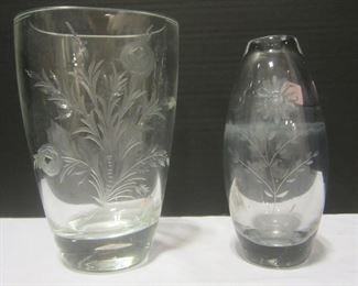 TWO ETCHED GLASS VASES TALLEST IS 7"