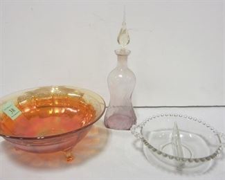 GLASS: DIVIDED BOWL, 8.5" FOOTED ORANGE CARNIVAL GLASS BOWL, VENTIAN GLASS SMALL DECANTER
