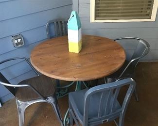 Table with wood top and iron base, metal chairs - will sell separately or as a set. 