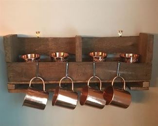 Gorgeous copper mug set in a handmade wood shelf unit - one of a kind.