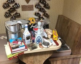 Misc household items. Stainless & Chrome MCM ice bucket, Milk Glass decanter, vintage glass barrel beer mugs 