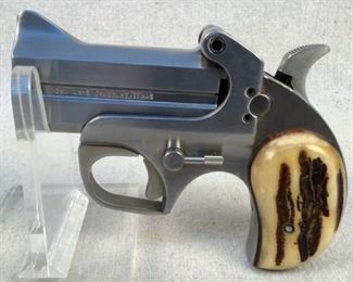 Serial - 8160
Mfg - Bond Arms
Model - Texas Defender
Caliber - 9mm Luger
Barrel - 3"
Capacity - 2
Type - Derringer
Located in Chattanooga, TN
Condition - 3 - Light Wear
This lot contains a Bond Arms Texas Defender derringer chambered in 9mm Luger. This derringer is in good condition, showing little wear, and has stag horn grips.

(LEO SEARCH & SEIZURE)