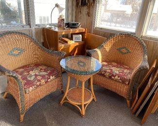Wicker/glass accent table; 20" diameter X 24"h Table 4 chairs, Console, 2 occasional chairs, small side table BUY IT NOW $300 for set
