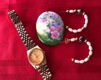 Fresh Water Pearl Gold Earrings, Vintage Pin Seiko Watch