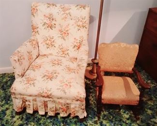 Sweet side chair and kids rocker.  We have a slipcover for the chair that you can use as a pattern if you want to recover