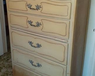 French provincial bedroom set is chest of drawers, dresser, full size bed and pair of nightstands