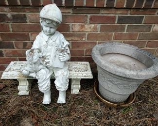 https://ctbids.com/#!/description/share/719336 Planter and figurines seemed to be made out of some kind of resin.  The little boy sitting on the bench measures approximately 27 in tall, the bench is approximately 26 in wide and approximately 8 inches deep. The bench height is 8 and a 1/2 in. The planter height is 15 in with a 17 inch diameter.

