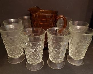 https://ctbids.com/#!/description/share/719423 White Hall By Colony Glasses And Pitcher. Amber pitcher and 8 clear glasses.

