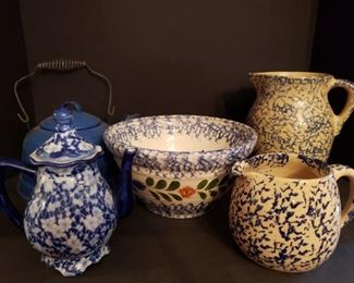 https://ctbids.com/#!/description/share/719430 Blue sponge paint pottery bowl and 2 crock pitchers, a ceramic teapot and metal tea kettle.

