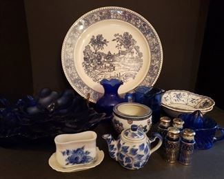 https://ctbids.com/#!/description/share/719431 Blue and white plates, Royal Copenhagen and Johnson Bros, salt and pepper shakers, cobalt dish, juicer and vase, Andrea by Sadek teapot and toothpick holder.

