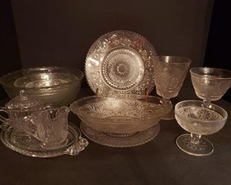 https://ctbids.com/#!/description/share/719463 58 pieces of clear cups, bowls, plates and creamer/sugar set glassware. Largest measures 8 1/2"L x 3 1/2"W and smallest is 2 1/2"H x 3 1/2"L.


