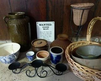 https://ctbids.com/#!/description/share/719513 Pots, Jugs, and Baskets. To give you a general idea of size, the largest canister measures 16" tall, and the sign is 8 1/2"x11".