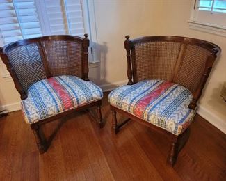 https://ctbids.com/#!/description/share/719479 Beautifully built cane back chairs with custom made cushions. Chairs are 29" tall at the back, 15" tall at the seat. They are 24" x 19" wide.

