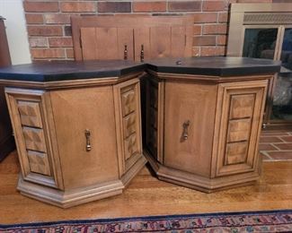 https://ctbids.com/#!/description/share/719484 Matching pair of black stone top octagon tables are 21" tall and 24" wide. Cabinet door swings open to reveal a place to store magazines, books, etc. 

