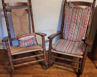https://ctbids.com/#!/description/share/719489 Pair of rush back rocking chairs. One includes cushion and pillow. They are both 48" tall at the back, 18" tall at the seat. The rocker legs are 34" long. The seat is 20" x 22" wide.

