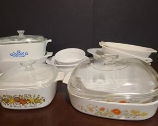 https://ctbids.com/#!/description/share/719462 9 pieces of Corning Ware includes French White, Spice of Life, Blue Cornflower, Orange Wildflower and 4 other unmarked dishes. Photos show the brands each dish is. Smallest dish measures 7" x 6" x 2". Largest piece measures 12" x 12" x 2". Comes with four lids.

