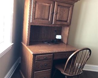 Walter E Smithe oak desk with upper cabinet 