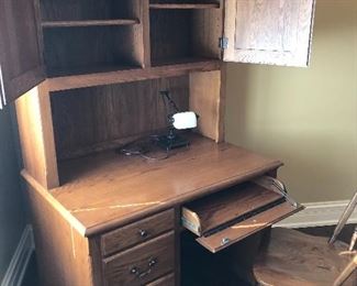 Walter E Smithe oak desk with upper cabinet 