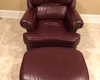 Burgundy leather arm chair & ottoman