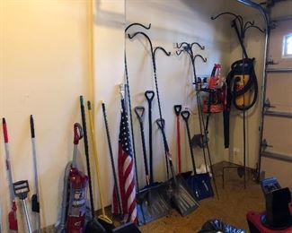 Shark vacuum, garden, shepherd hooks, snow shovels