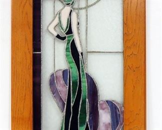 Stained Glass Style Sun Panel Of Late 1920s Woman, 21" Wide x 31.5" High, Some Cracks