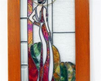 Stained Glass Style Sun Panel Of Late 1920s Woman, 21" Wide x 31.5" High, Some Beveled Panels