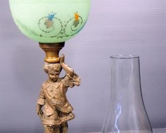 Brass And Glass Oil Lamps With Children Design, Qty 2, Each With Hurricane Shades