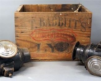 Antique Automobile Oil Lamps, Qty 2, Believed To Be Model T, In Wood Crate