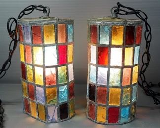 Pair Of Multi-Colored Glass Panel Swag Lamps, Both Power On
