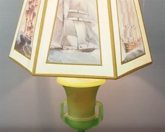 Green Glass Urn Style Table Lamp With Shade Depicting Ships, Powers On