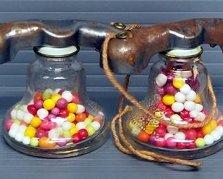 Telephone And Music Instrument Glass Candy Containers, Contents Of Flat