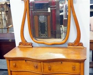Antique Serpentine Front Lowboy Dresser With Beveled Glass Mirror, On Wheels, 26" H x 44" W x 20" D, Mirror Adds Additional 43" Of Height, No Key