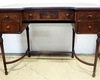 Johnson-Handley-Johnson Co Antique Desk With Floral And Ribbon Art On Front Of Drawers, 30" High x 42.5" Wide x 20.25" Deep