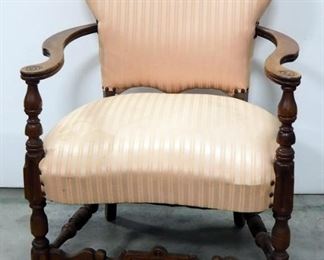 Antique Arm Chair With Upholstered Back And Seat, With Claw Feet, 32.5" High