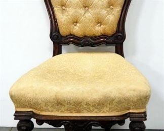 Antique Chair With Button Tufted Back, Padded Seat And Carved Wood Frame, 41" High