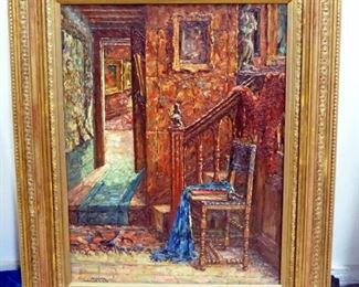 Richard-Leon Leutenez (Belgian, 1871-1963) "Interior Stairwell" Oil On Canvas, Framed, 31.5" Wide x 38.5" High