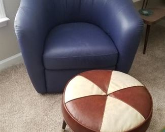 Blue swivel chair, it does have a flaw on the back. Mid century stool is missing center button 